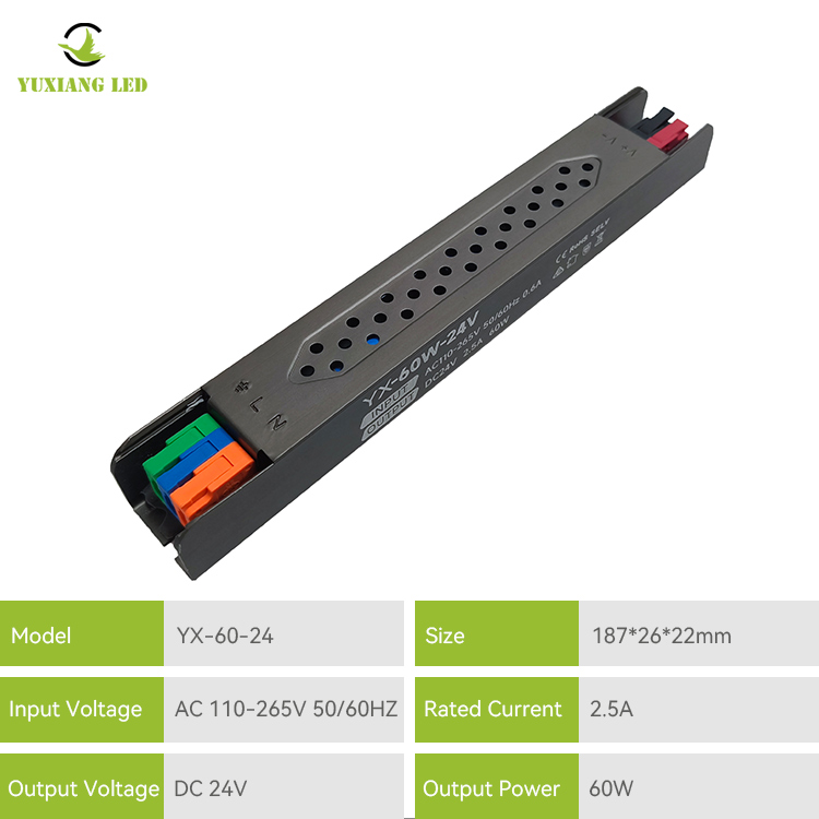 Alimentation électrique linéaire ultra-fine LED 24 V 60 W, semi-remplie de colle